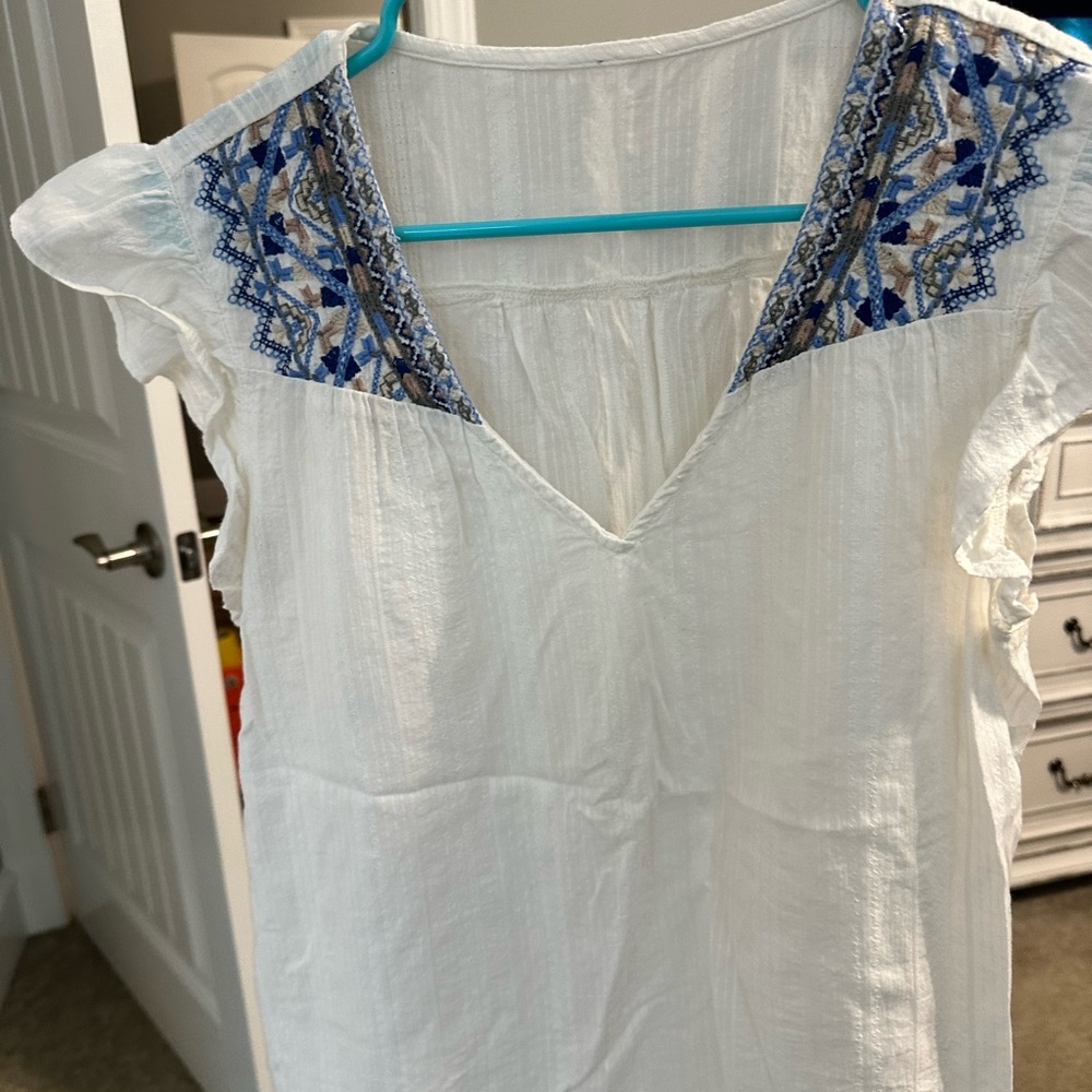 Embroidered White and Blue Women's Top